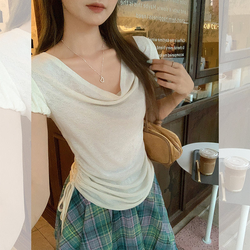 Real photos of the pile of collar curved drooping bottom shirt for women with wrinkled design slim and gentle style puff sleeve top