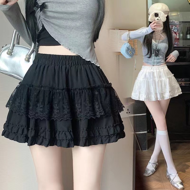 Original method ~ Ballet style black ears lace spliced ​​skirt for women sweet A-line pleated cake short skirt for women