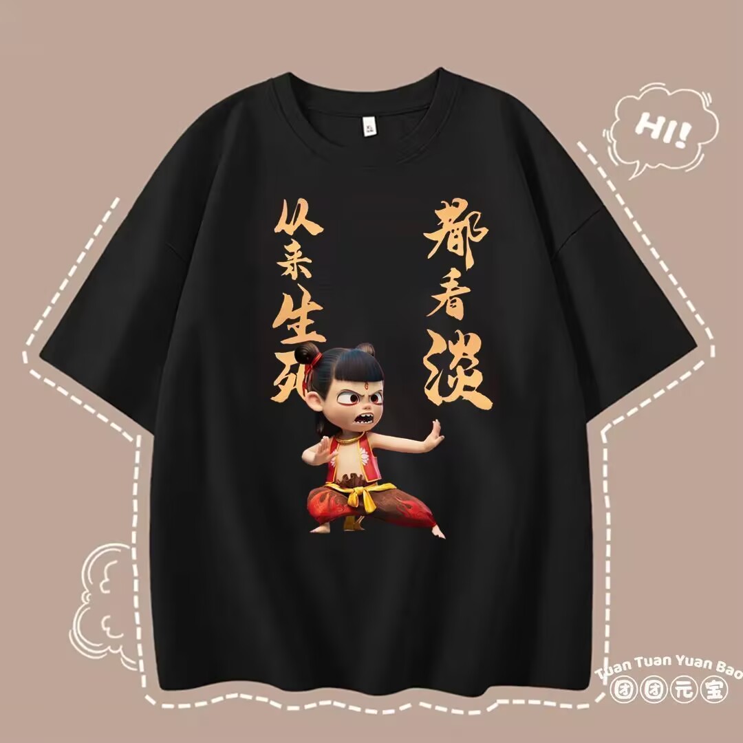 Summer round neck short sleeve national trend personality versatile relaxed casual trend Nezha printed T-shirt for women