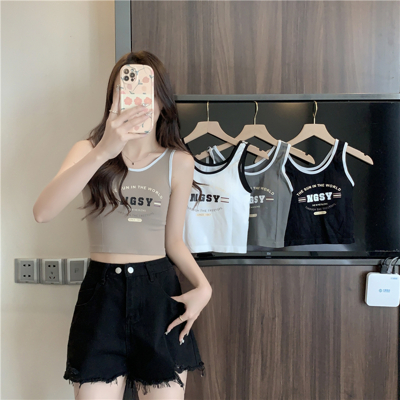實拍80錦綸20氨綸帶胸墊夏季新款辣妹修身背心女潮