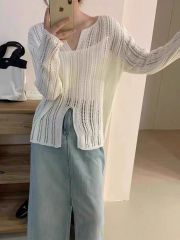 2025 irregular slit sweater for women versatile design niche V-neck hollow thin sunscreen top