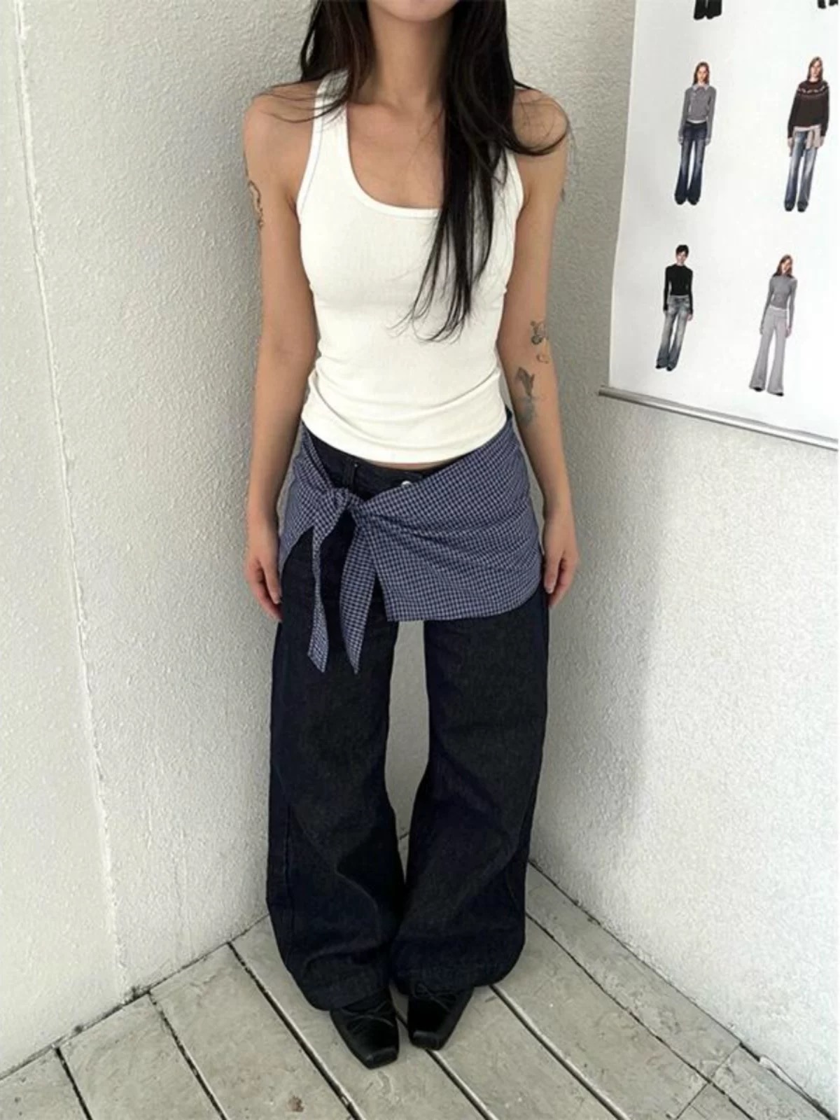 American retro plaid scarf jeans for women 2025 spring new lazy style wind ass curtain layered straight flared trousers