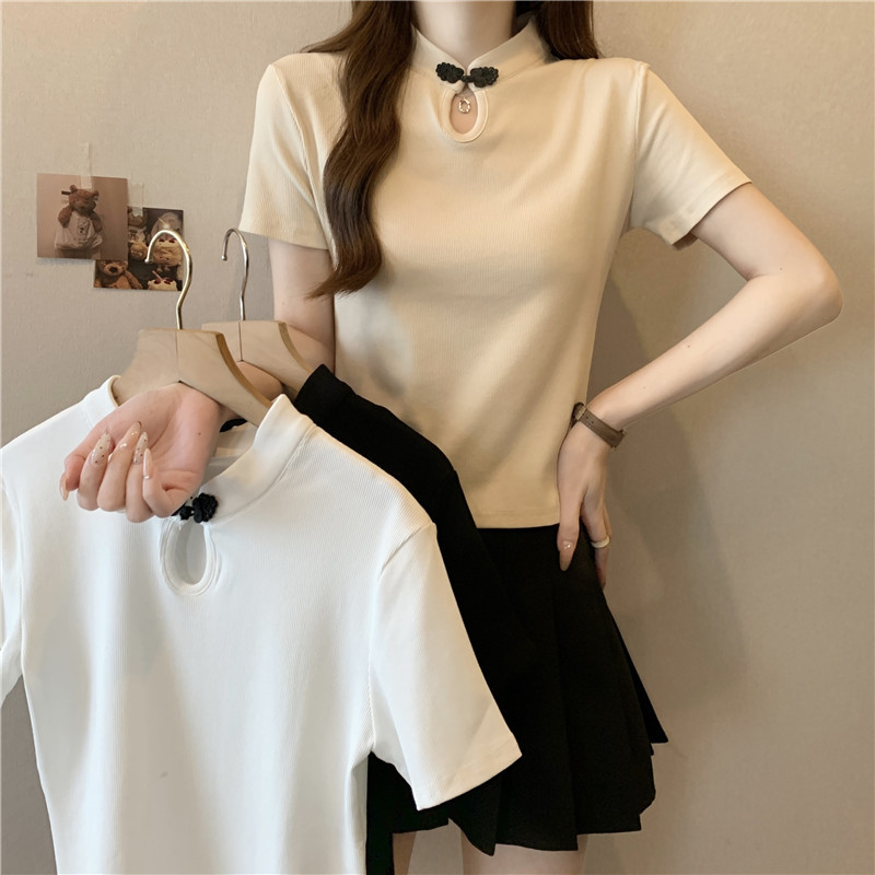 Real-shot front shoulder short-sleeved T-shirt for women in summer new Chinese style buttoned tops with small design niche