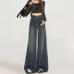 American high street high waist double button straight jeans for women in spring and autumn new loose wide-leg floor jeans trendy
