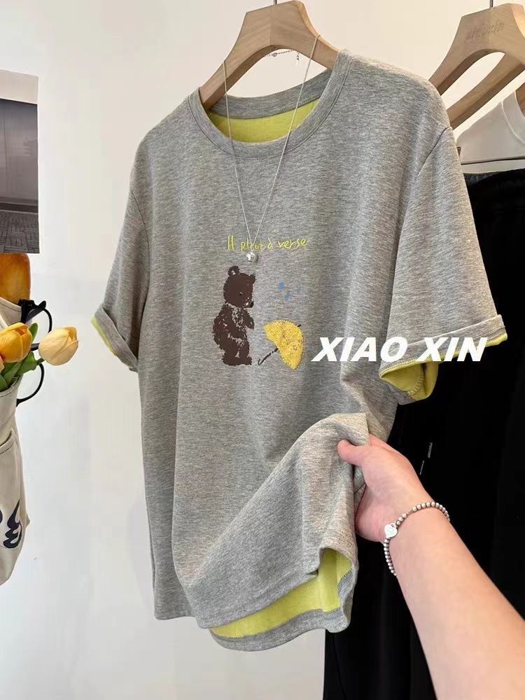 Large size 300 catties contrasting color cute bear two-color T-shirt for women's youthful age-reducing T-shirt half-sleeved top