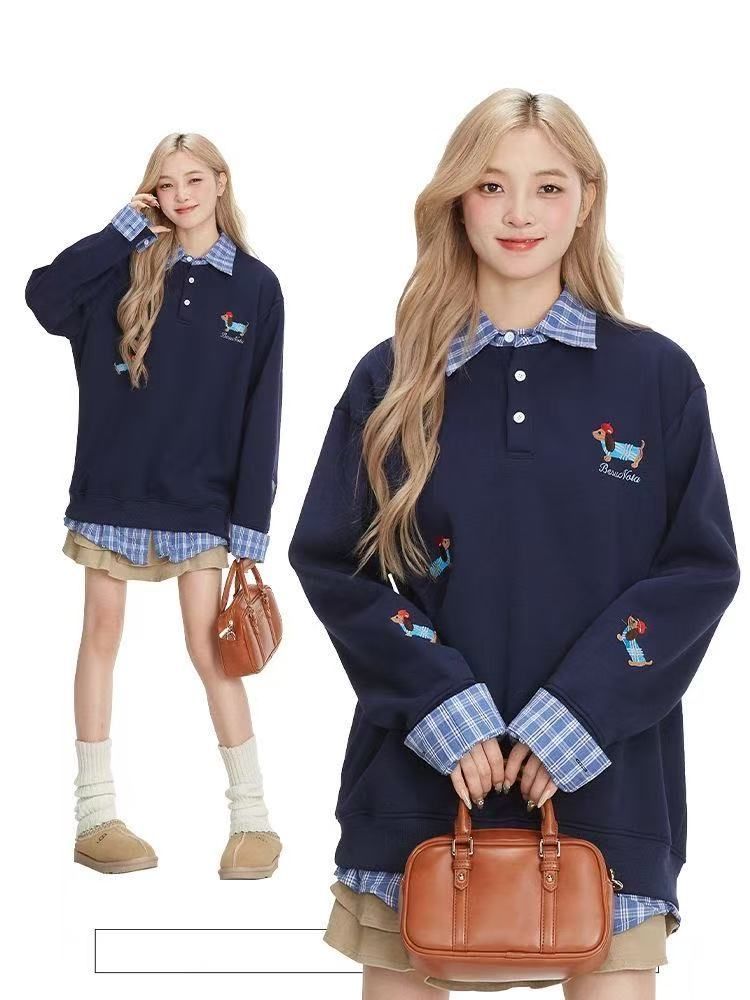 Original Puppy Embroidery Patch Plaid POLO Collar Sweatshirt Women's College Style Fake Two-Piece Loose Pullover Top