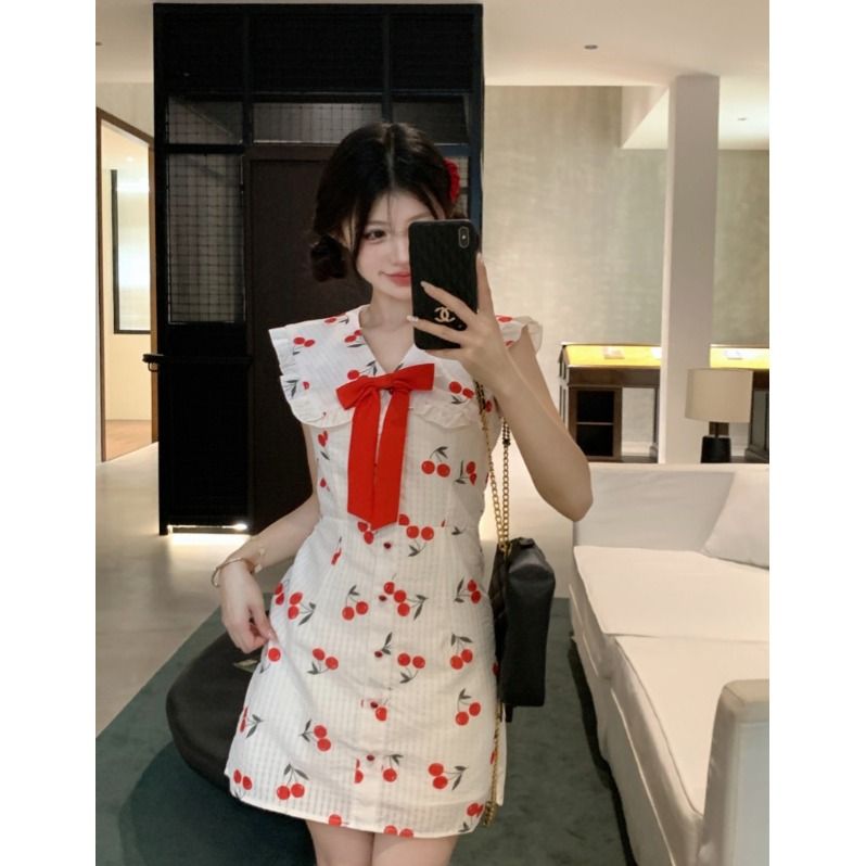 Korean sweet girl cherry printed short skirt with waist slim temperament high-end super fairy lapel design dress