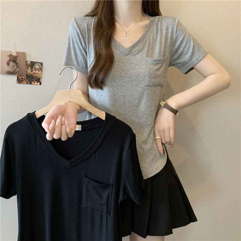 Real-life design sense of pleated elastic waist-retracting V-neck short-sleeved T-shirt for women's elastic slim short base shirt top