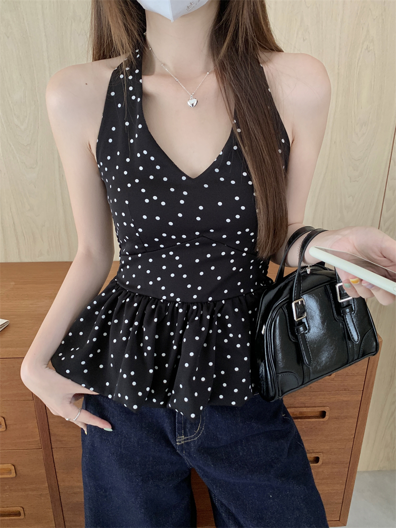 Real photo Real black polka dot v-neck halter neck vest women's summer flower bud waistcoat top
