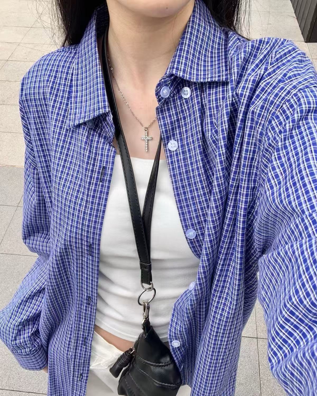 實拍 復古藍格子襯衫小個子休閒疊穿襯衣法式寬鬆防曬衣外套