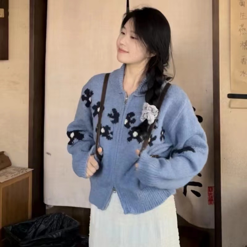 Korean style design embroidered long-sleeved knitted sweater for women in autumn and winter new soft glutinous zipper cardigan top jacket