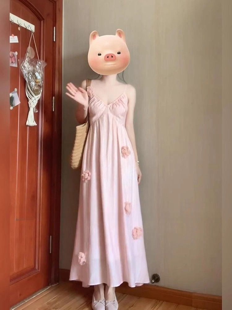 French holiday style pink three-dimensional flower suspender dress summer high-end sweet fairy beach long skirt