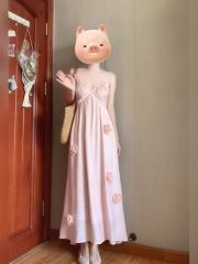 French holiday style pink three-dimensional flower suspender dress summer high-end sweet fairy beach long skirt
