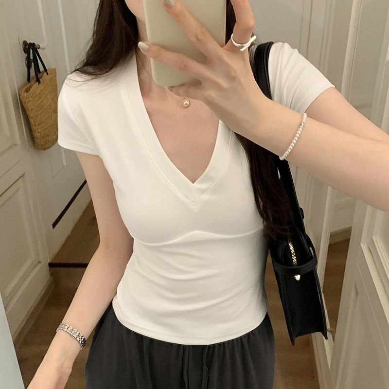 260g of cotton cotton, good quality, unique split and spliced ​​V-neck short-sleeved T-shirt for women's summer shoulder short top