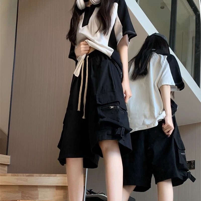 Large pocket work shorts for women in summer new style for students Korean version of heavy industry casual sports 5-point pants