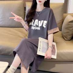 實拍 純棉後領包 印花字母T恤連衣裙設計感小眾開叉卷邊撞色短袖