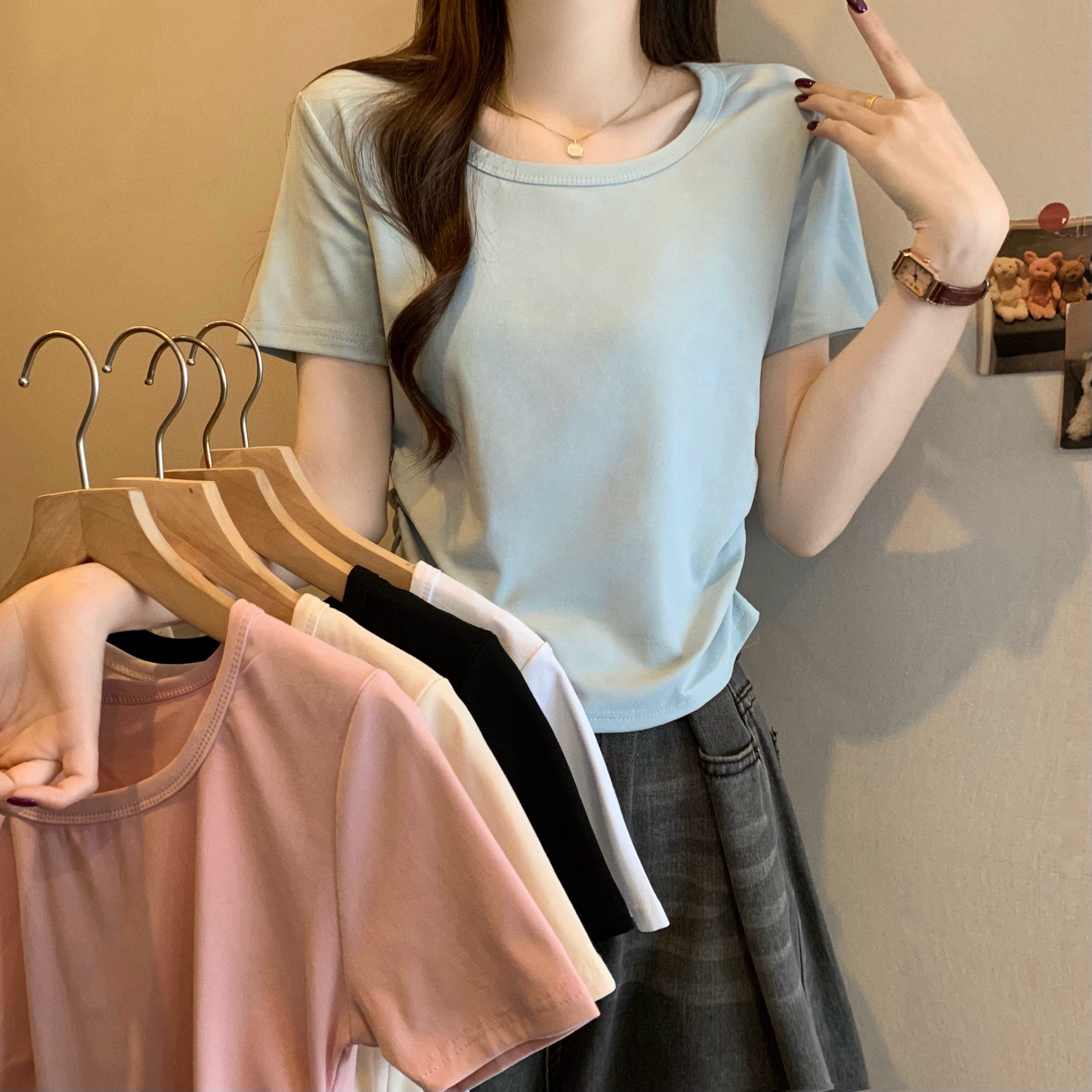 Real shot, new Korean style design, slim and short-sleeved T-shirt