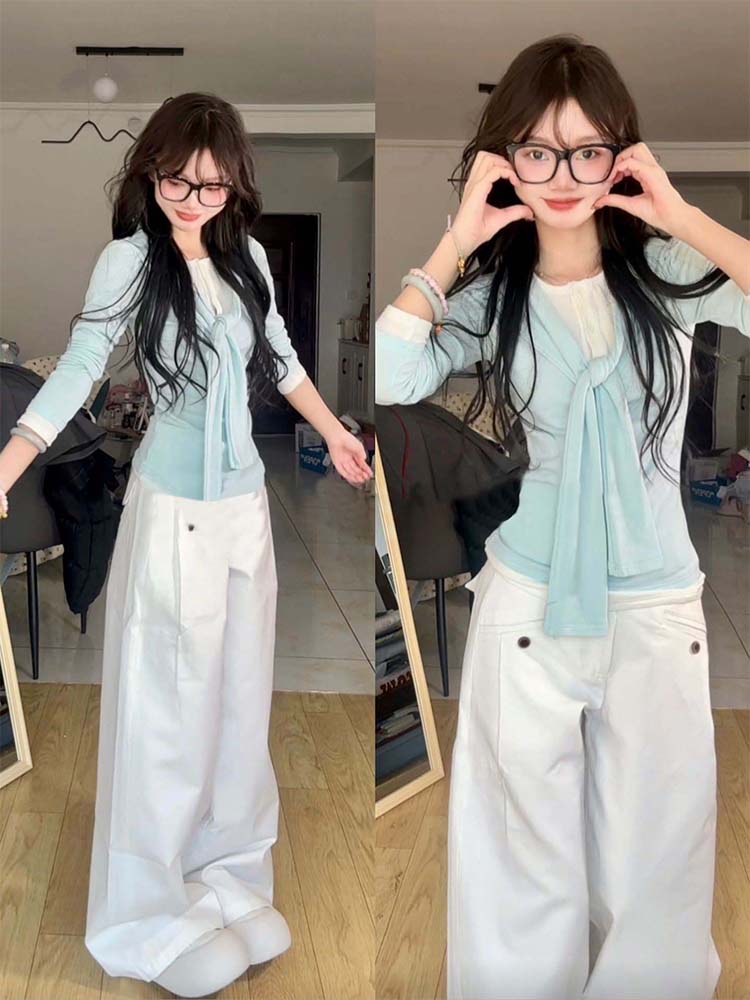 Korean blue fake two-piece lace-up long-sleeved T-shirt for women in early spring 2025 new style inner bottoming shirt slim body