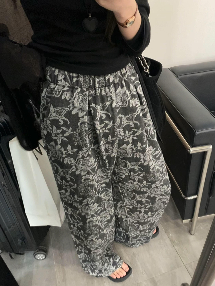 Korean Hong Kong style retro jacquard design straight wide-leg pants summer high-waist casual lazy loose floor trousers
