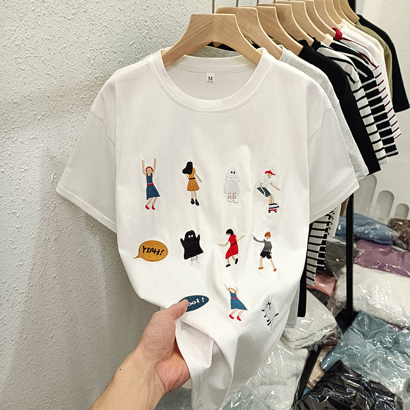 Real shot of pure cotton embroidered loose short-sleeved top for women