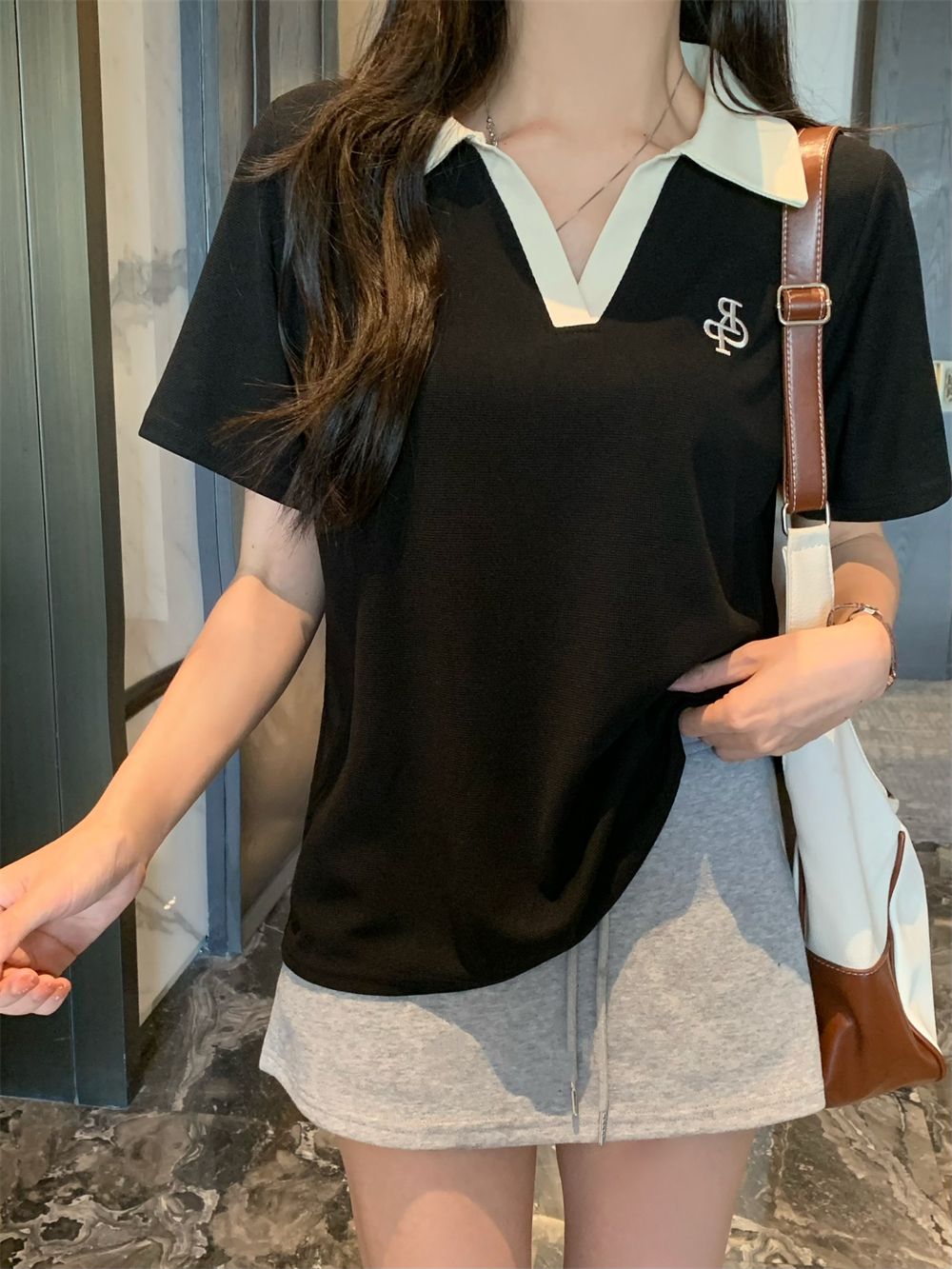 Real shot 250g 6535 cotton bead floor polo collar short-sleeved T-shirt for women embroidery