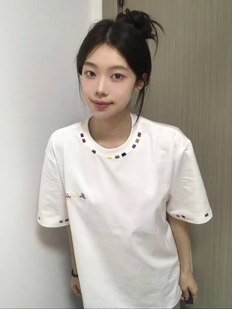 Original embroidery size pure cotton 220g combed tight Japanese and Korean versatile casual loose short-sleeved T-shirt for women