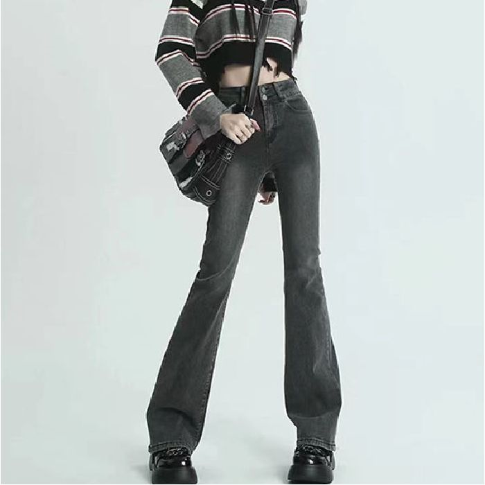 Retro high-waisted slim and slightly flared jeans for women in autumn new double-buckle design stretch slim horseshoe pants trendy