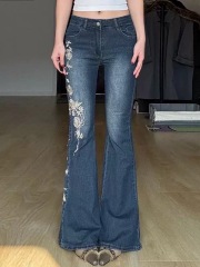 2025 summer new retro rose embroidered micro-flare jeans for female hot girls sexy stretch tight flared pants