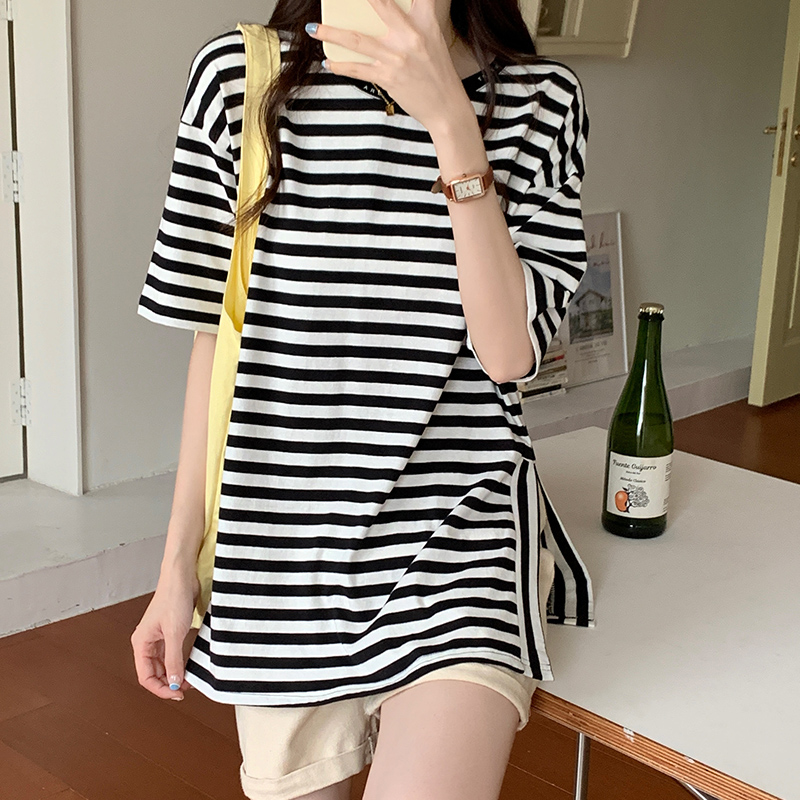 #Real photo of colored woven striped design sense side slit neckline printed letter mid-length T-shirt for women