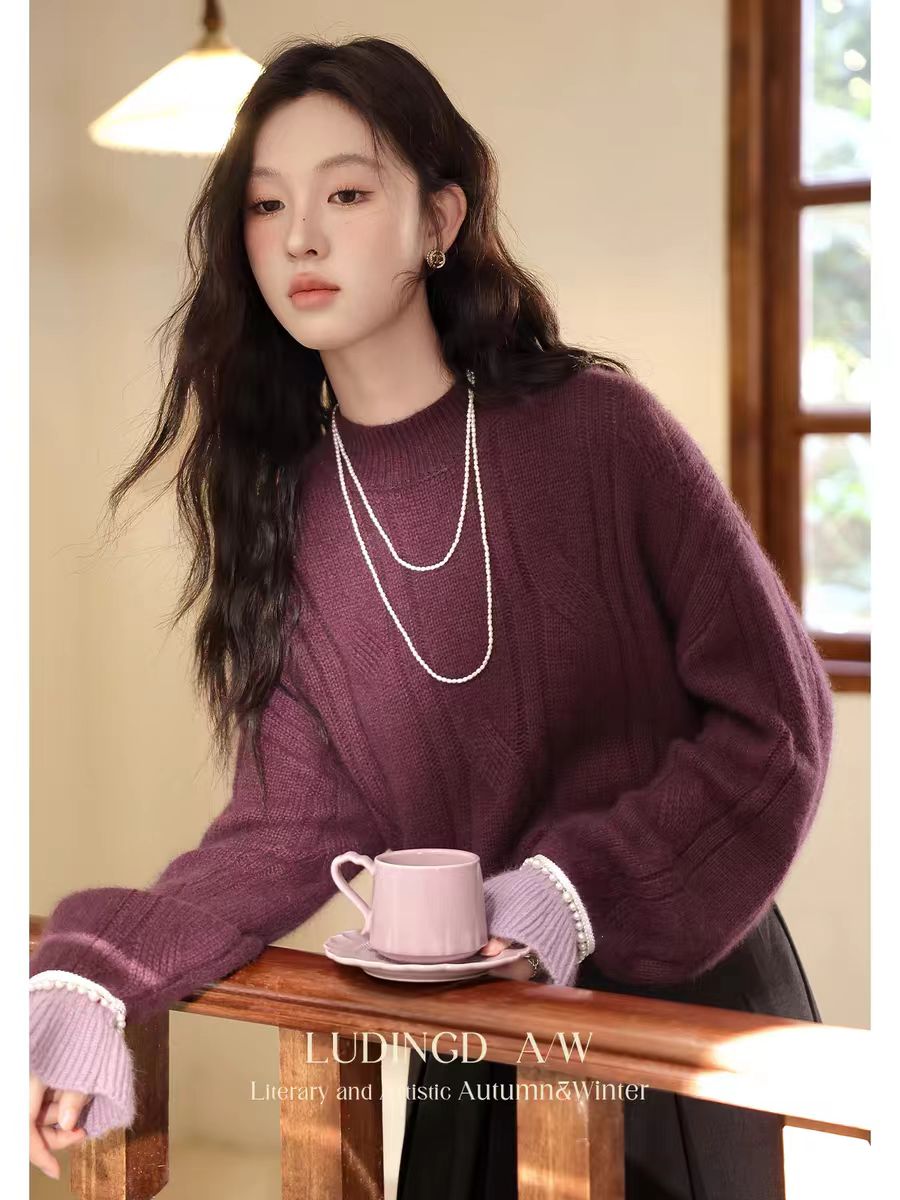 Bead color-blocked long-sleeved pullover top age-reducing sweater comfortable cashmere sweater slimming temperament fashionable and versatile women