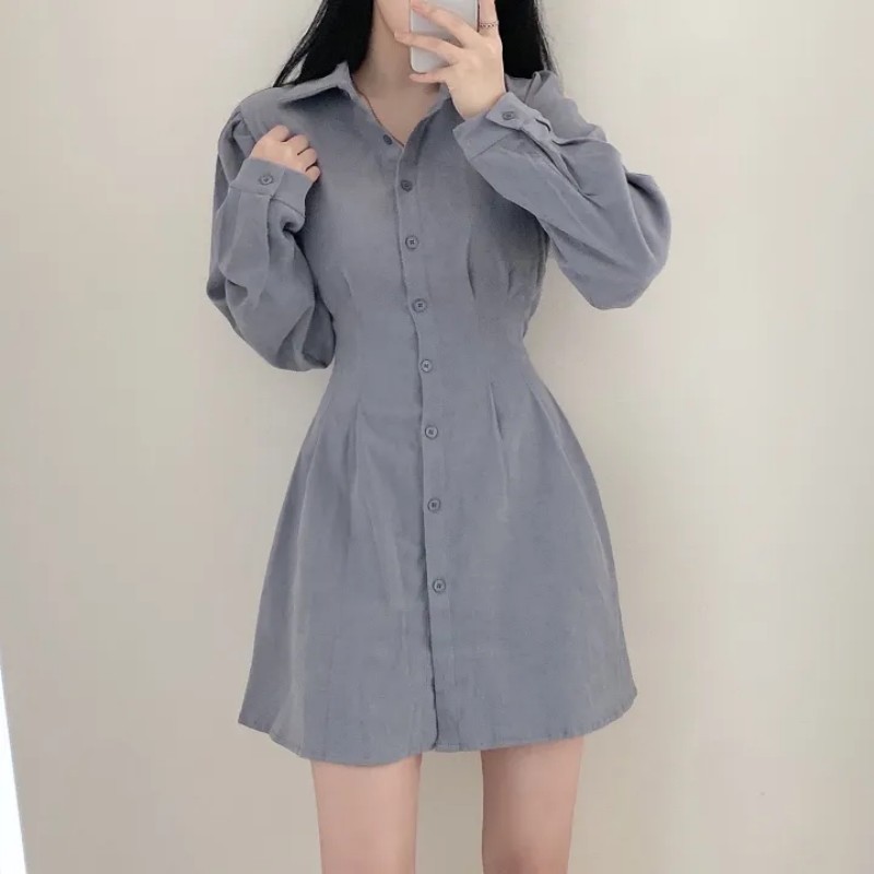 Korean chic spring and autumn temperament waist-hugging slim dress for women polo age-reducing shirt short skirt