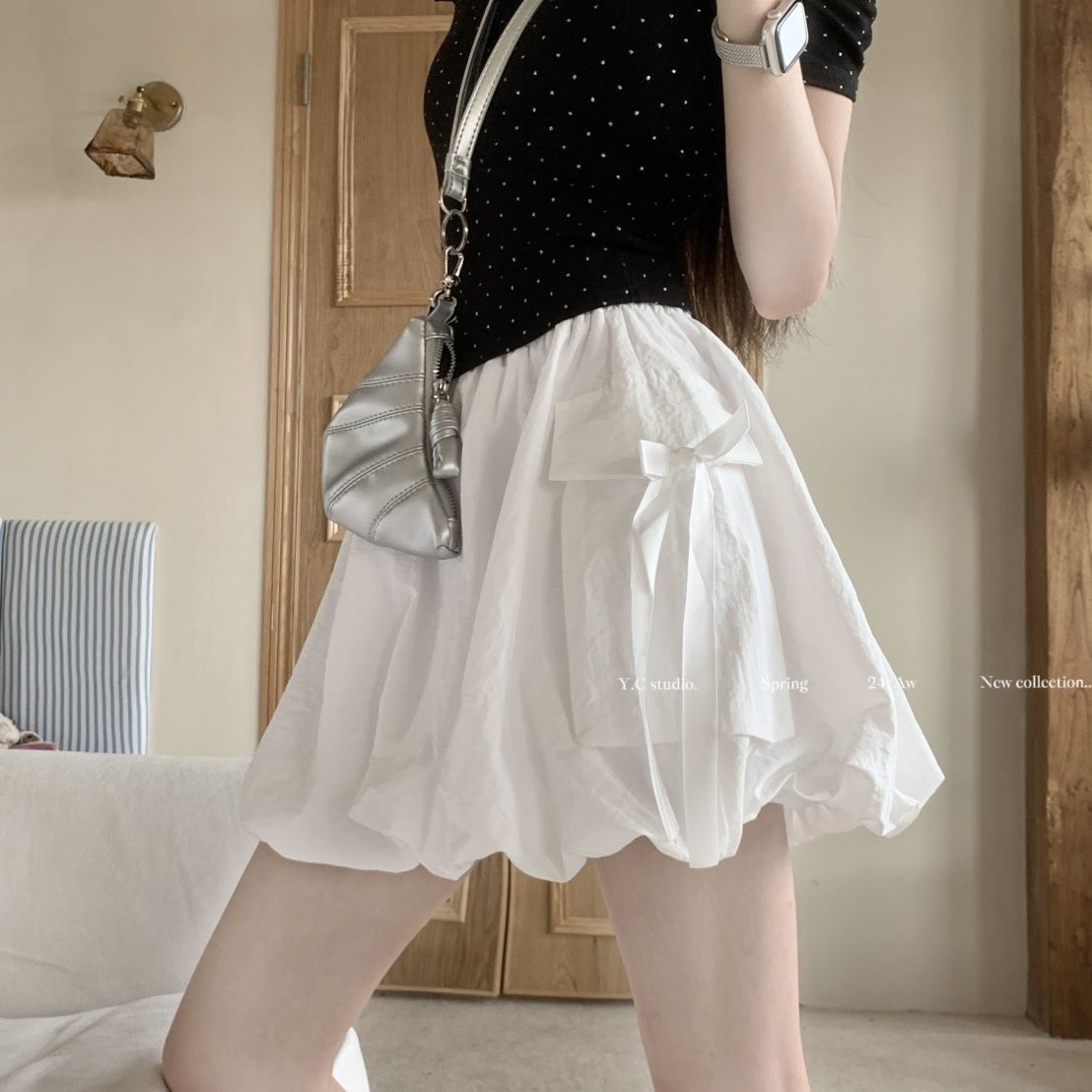 Korean chic design bow bud skirt for women in summer new style small high waist slim A-line skirt