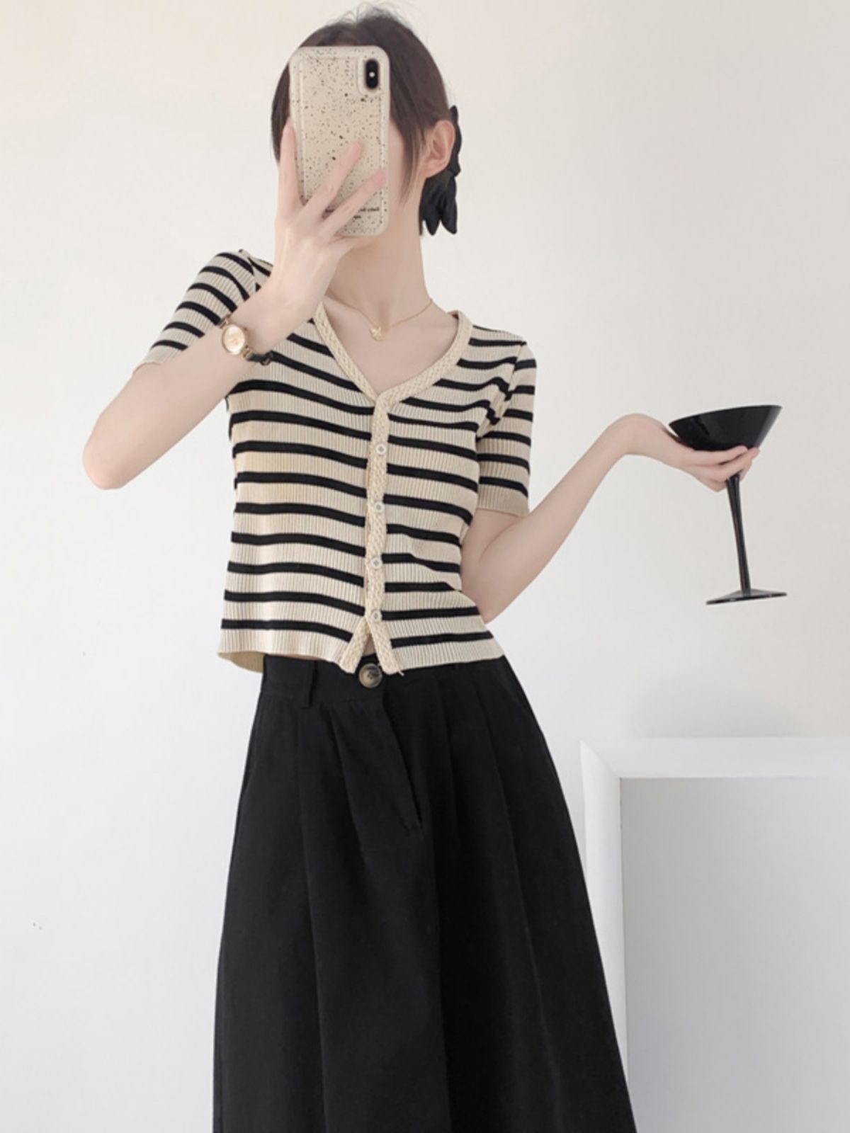 Summer women's thin ice silk knitted cardigan short-sleeved striped student V-neck top with skirt short T-shirt
