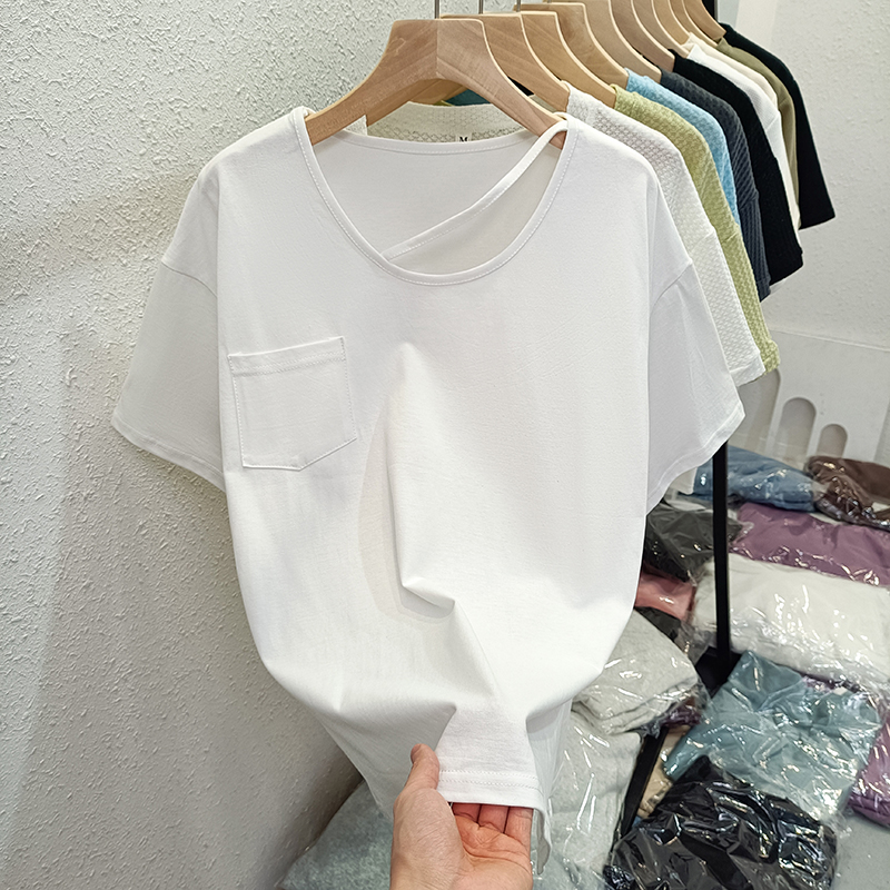 Real-life pure cotton hem slit short-sleeved T-shirt for women's mid-length half-sleeved top