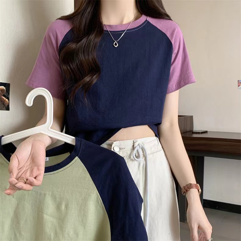 Real shot of pure cotton contrasting rag-shoulder short-sleeved T-shirt for women