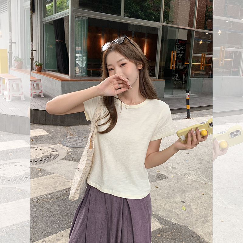 Real-shot texture-sensing, shoulder-length small fly sleeve T-shirt 2025 summer new round neck this year's popular short top