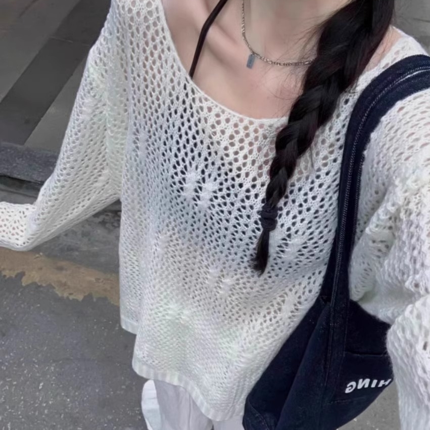 Korean chic summer age-reducing retro hollow hole knitted top simple loose casual sunscreen blouse women