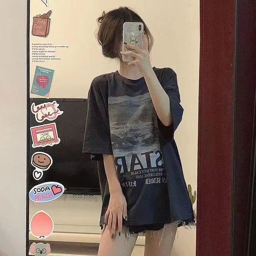 Unpolled pure cotton short-sleeved T-shirt in China trend summer retro American new niche chic top student versatile ins