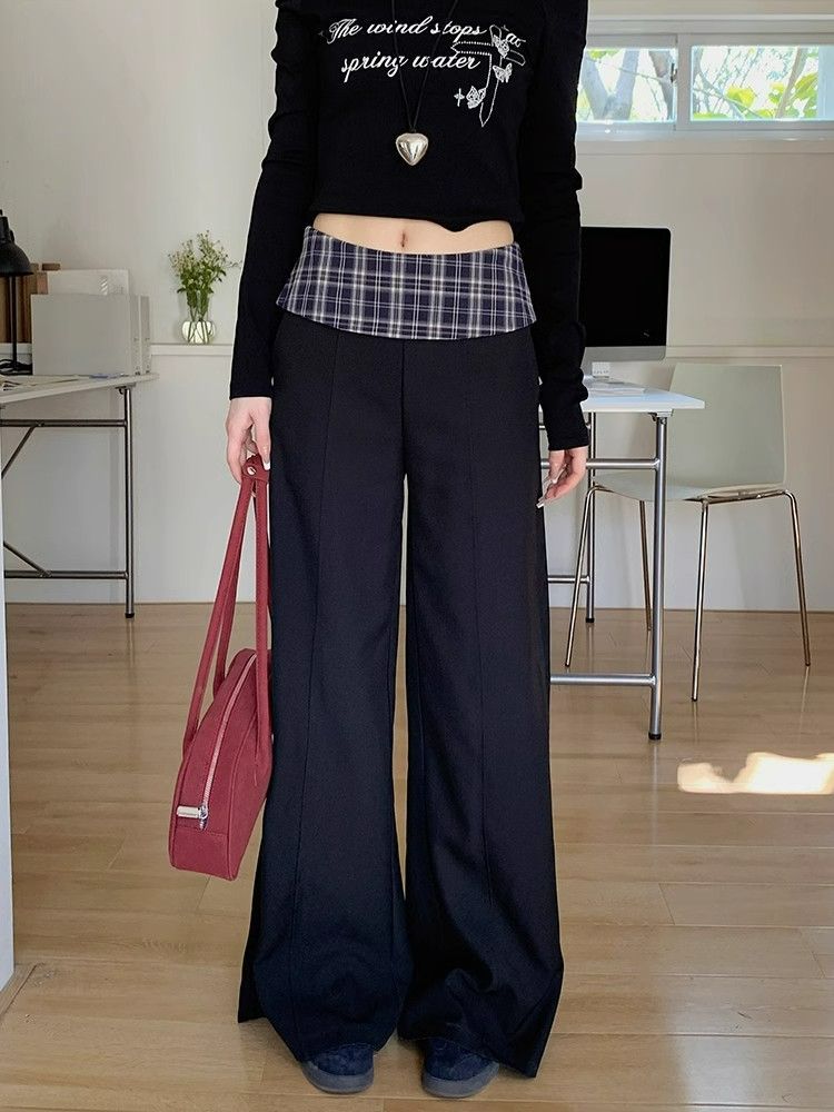Nine-point & long trousers spliced ​​plaid high-waist wide-leg pants for spring simple and versatile sports commuter loose trousers