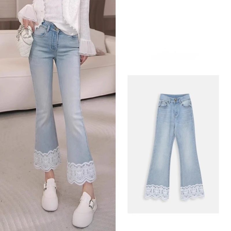 European-grade 8-point lace washing jeans for women in 2025 spring and summer new large-size elastic slim casual temperament versatile