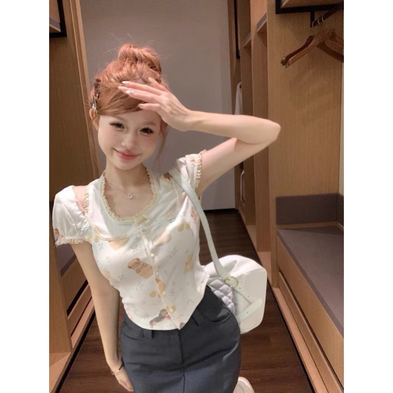洋氣減齡印花T恤女純欲性感掛脖假兩件短款體恤夏舒適感收腰上衣
