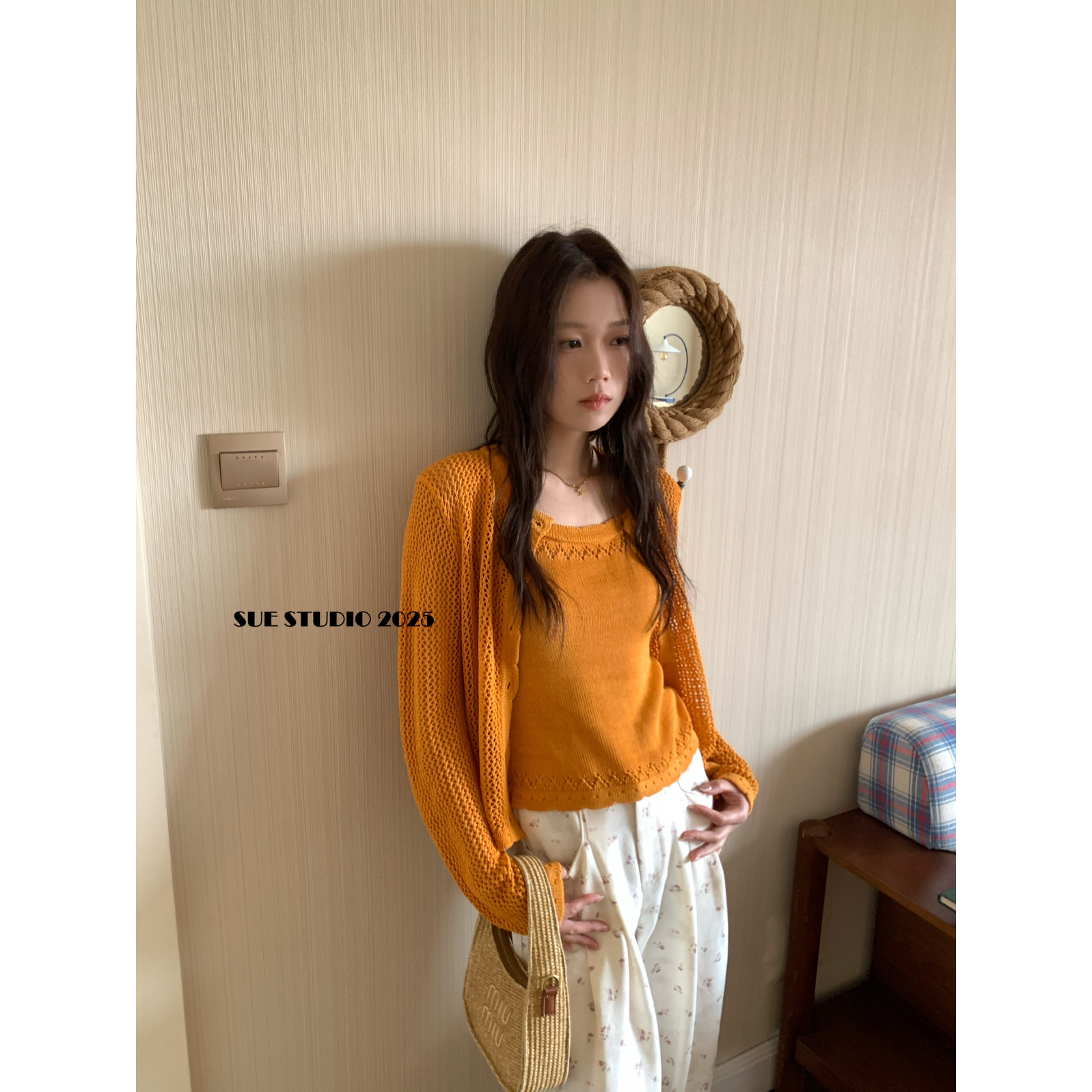 2025 spring clothes new women's knitted hollow cardigan with two-piece suspender set