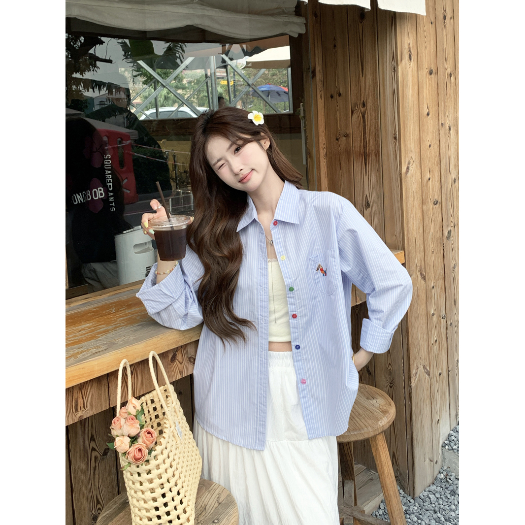 Korean style design color pony embroidered blue striped shirt women's long-sleeved 2025 new chic lapel top