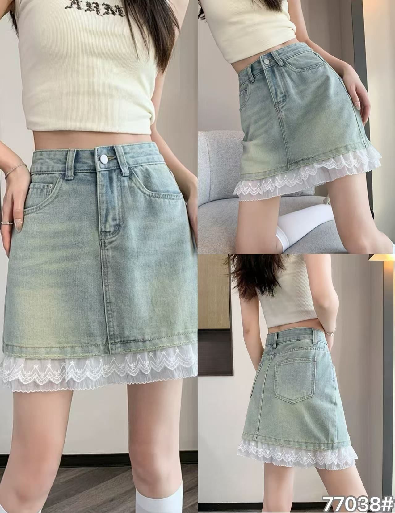 Light lace spliced ​​denim skirt for women in summer new high-waisted slim A-line hip hip half-length skirt