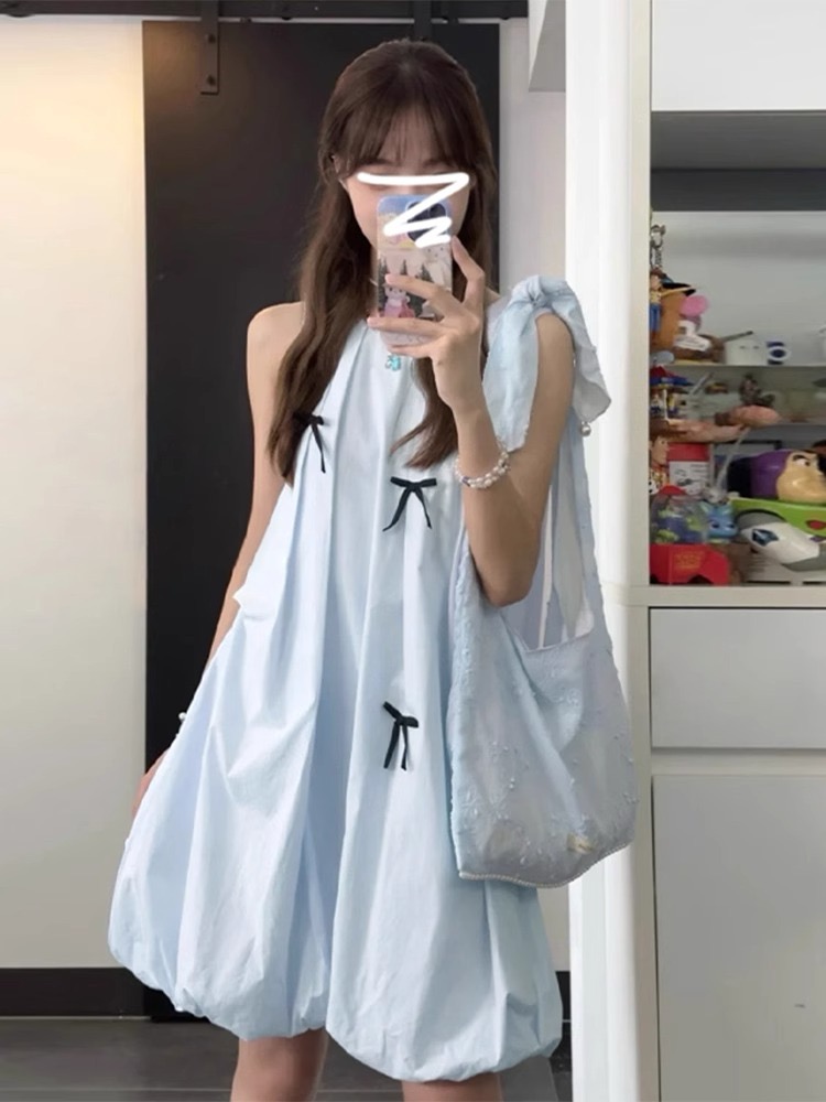 小眾設計師藍色無袖背心連衣裙子2025新款夏季女裝小個子顯高短裙
