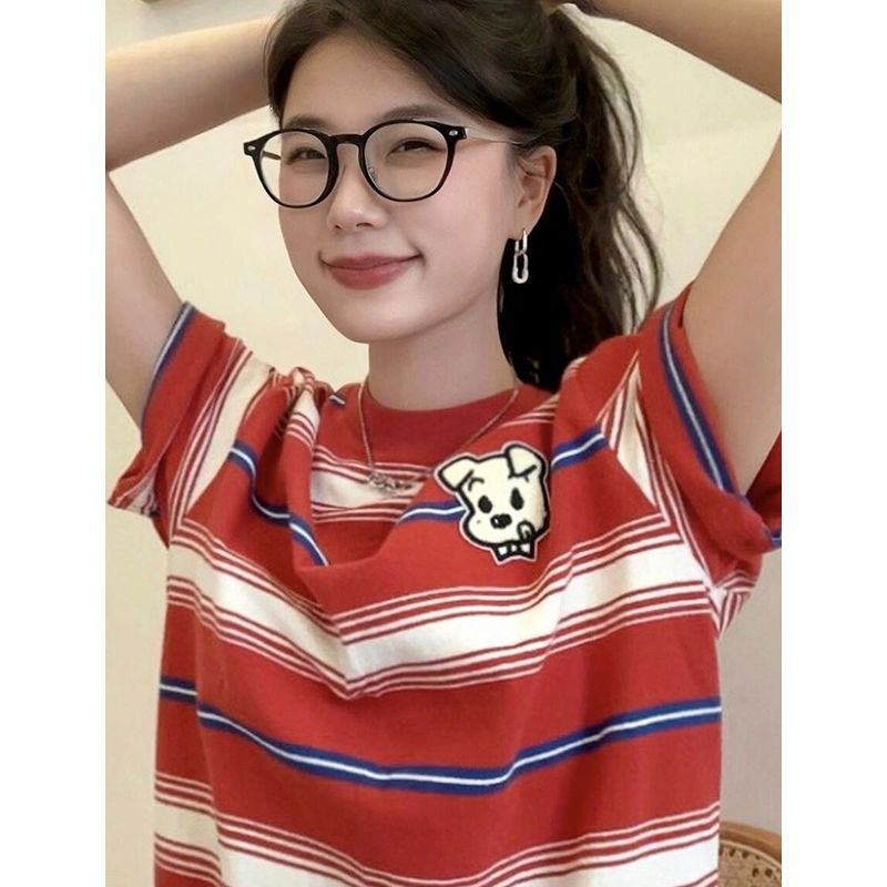 Tmall quality 40 pieces 210 grams American striped design ins cute cartoon loose trendy brand T-shirt