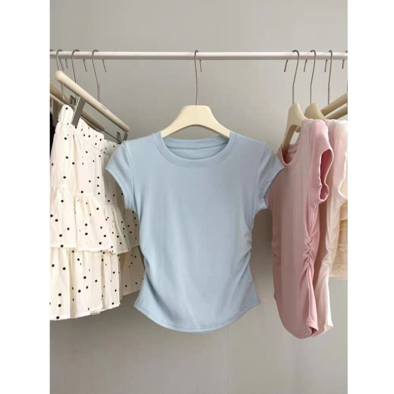 Official picture of pure cotton ribbed sweet and spicy pleated waist short-sleeved T-shirt for women with slim fit and short base shirt