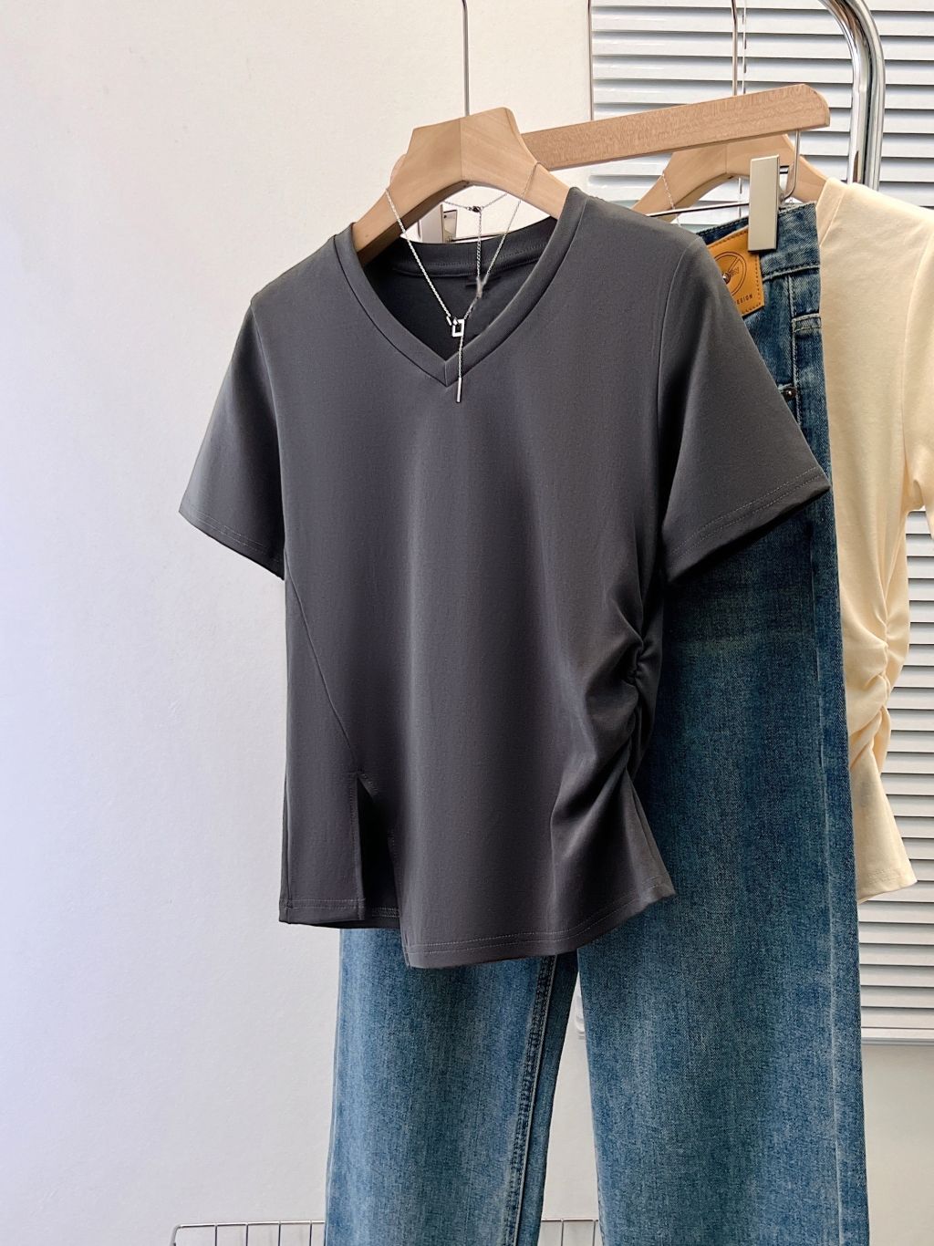 Real shot 40 pure cotton 210g 92 cotton/8 spandex slit short-sleeved T-shirt women's top