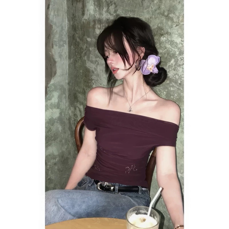 絕美紫色蝴蝶結刺繡露肩短袖T恤女2025新款夏季一字肩上衣高級感