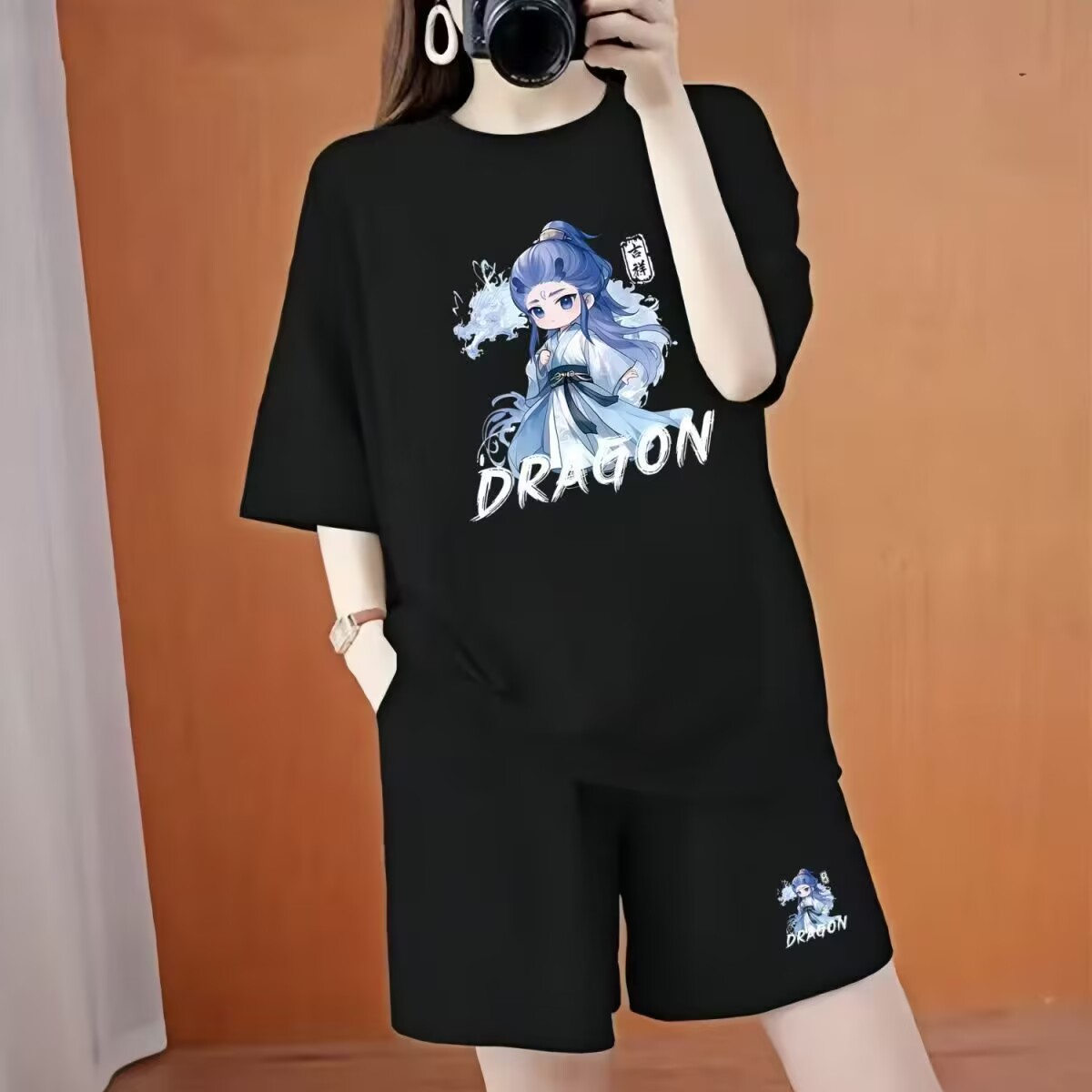 2025 Summer Nezha Ao Bing Casual Suit Trendy Women's Short Sleeve Shorts Loose Two-Piece Set